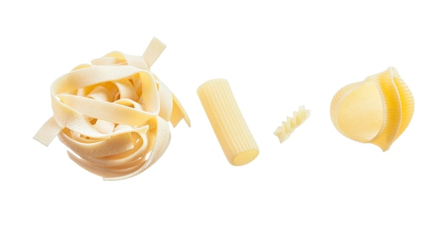 Set of raw Italian pasta isolated on white