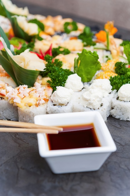 Set of real classic Japanese sushi. on a wooden surface