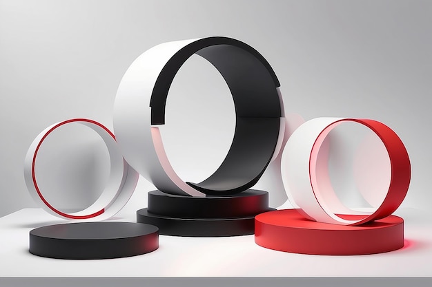 Set of realistic 3d background with cylinder podium Black red white glowing light semi circles laye