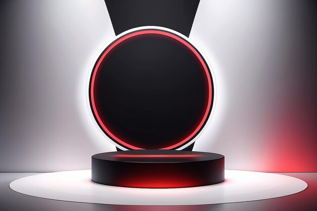 Set of realistic 3d background with cylinder podium Black red white glowing light semi circles laye