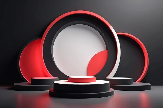 Set of realistic 3d background with cylinder podium Black red white glowing light semi circles layers scene Abstract minimal scene mockup products display Stage showcase Vector geometric forms