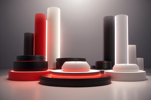 Set of realistic 3d background with cylinder stand podium black red white glowing light circles layers scene abstract minimal scene mockup products display stage showcase vector geometric forms