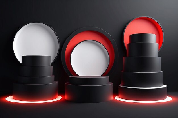 Photo set of realistic 3d background with cylinder stand podium black red white glowing light circles layers scene