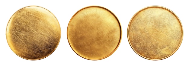 Набор реалистичных пустых золотых монет или медалей, изолированных на белом пустом металлическом шаблоне.