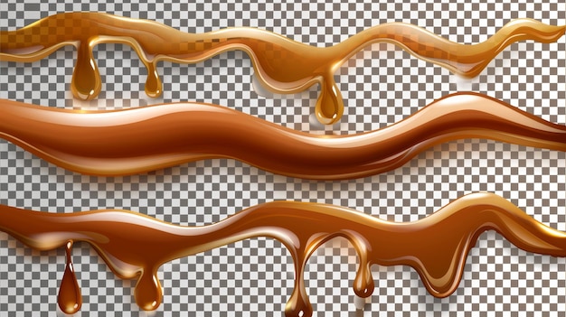 Photo set of realistic caramel drops and stains isolated on transparent background modern illustration of sweet sauce maple syrup or glossy brown paint drips swirls waves dessert topping