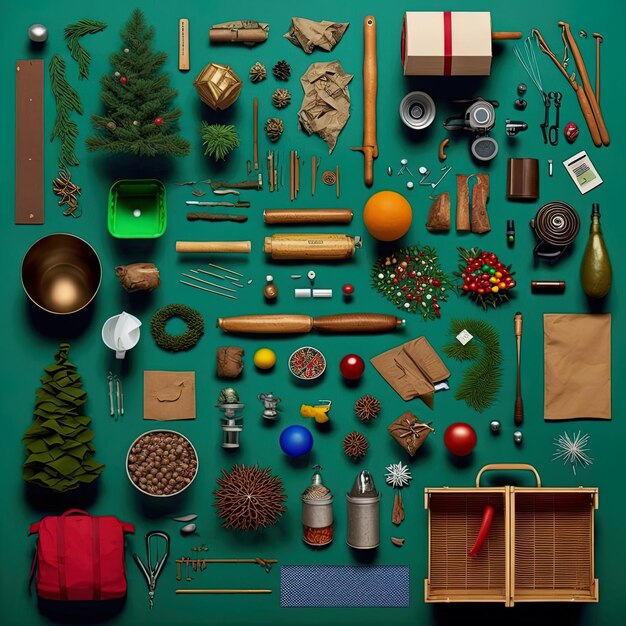 Set realistic Christmas objects design pine branches pine cone decorative snowflake xmas ball and confetti bells and old watch knolling photography of christmas supplies vibrant Flat lay