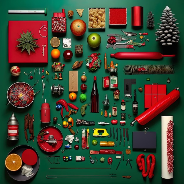 Set realistic Christmas objects design pine branches pine cone decorative snowflake xmas ball and confetti bells and old watch knolling photography of christmas supplies vibrant Flat lay