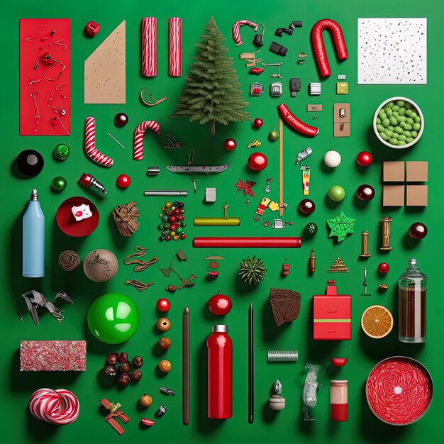 Set realistic christmas objects design pine branches pine cone\
decorative snowflake xmas ball and confetti bells and old watch\
knolling photography of christmas supplies vibrant flat lay