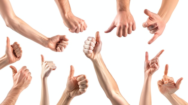 Набор реалистичных жестов рук, изолированных на белом фоне, как кулак, указывающий на ОК и другие знаки