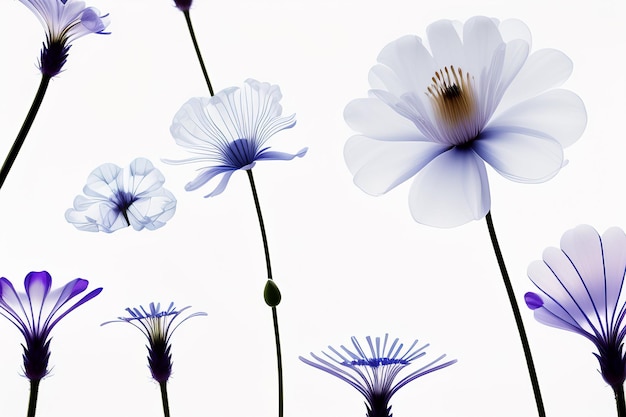 Set of realistic illustrations of flower in xrays Blue petal on dark background Horizontal banner with space for text Concept of checking health wellness growing plants botany Generative AI