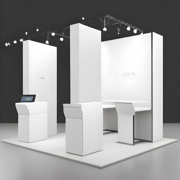 Photo set of realistic trade exhibition stand or white blank exhibition kiosk or stand booth corporate