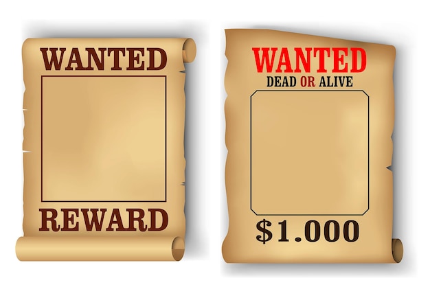 Photo set of realistic wanted poster isolated or vintage scroll parchment manuscripts 3d render