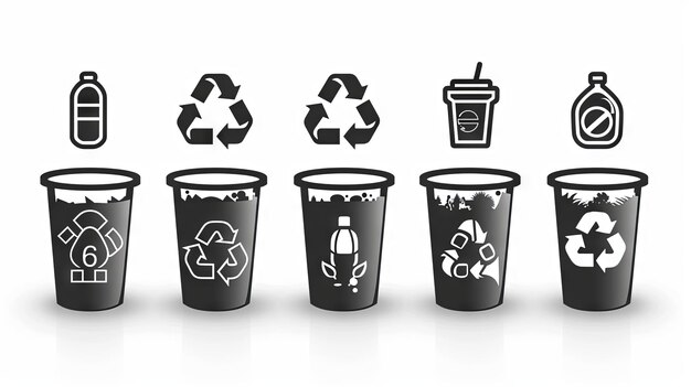 Photo set of recycling bins and icons for ecofriendly waste management