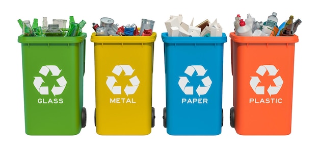 Set recycling vuilnisbakken met glas papier metallic en plastic afval 3D-rendering