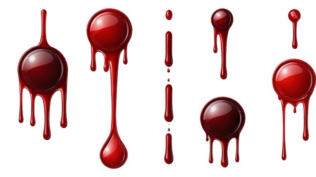 Photo a set of red drops of blood on a white background