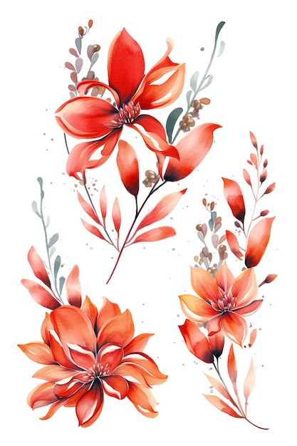 A set of red flowers on a white background.