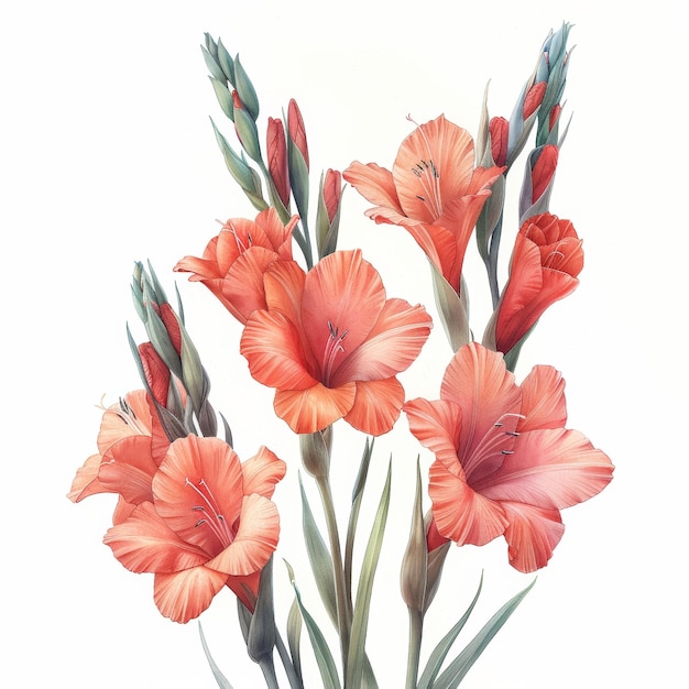 A set of red gladiolus flowers drawn in watercolor on a white background