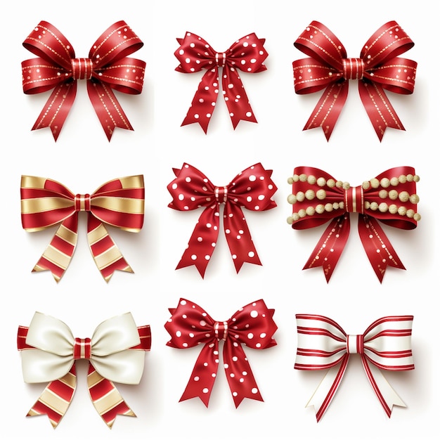 Set of red and gold bows on a white background