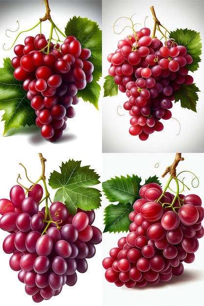 Set of red grapes with green leaves isolated on white background