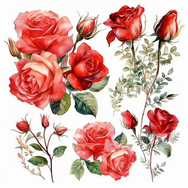 Photo a set of red roses with leaves and flowers