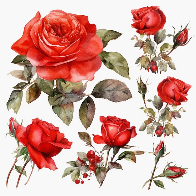 A set of red roses with leaves and flowers
