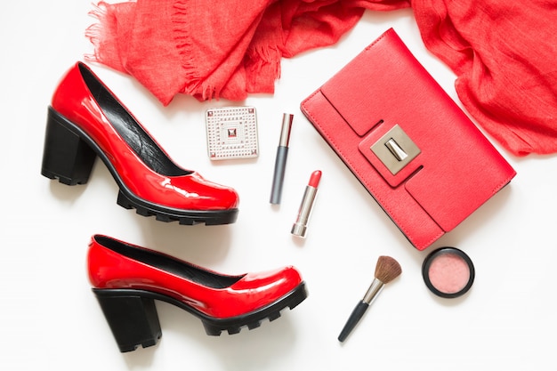 Set of red women's accessories for new look, cocktail dress, special event in  Flat lay