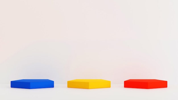 Набор красно-желто-синего пятиугольного подиума с белой стеной и полом 3D рендеринг