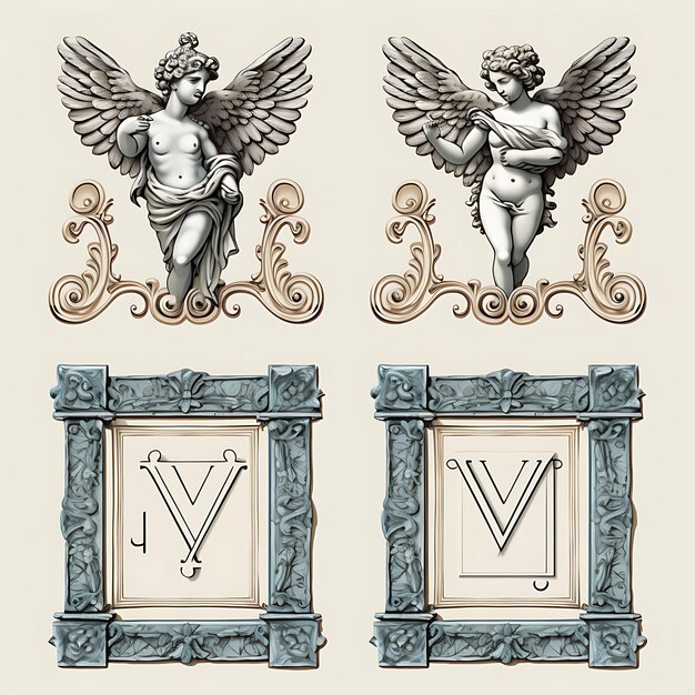 Set of renaissance sculpture love letter marble carving paper intri 2d flat clipart tshirt design