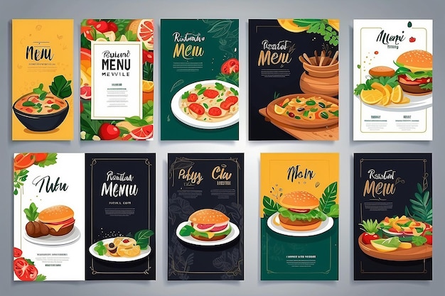 Photo set of restaurant menu brochure flyer design templates in a4 size vector illustrations