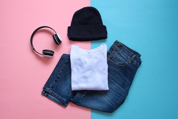 Set retro stylish of casual clothes with headphone and beanie on colorful background