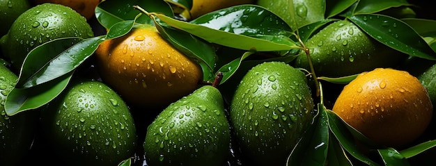 熟した緑と黄色の新鮮なアボカドの果実と葉を水滴で覆ったセット