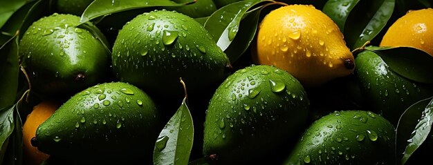 Set of ripe green and yellow fresh avocado fruits and leaves with water drops on it