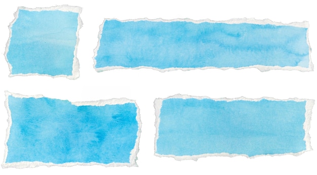 Set of Ripped watercolor blue paper note message mockup isolated on white background