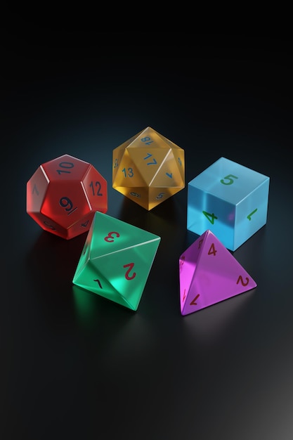 Set of roleplaying dice in the shape of platonic solids 3d illustration
