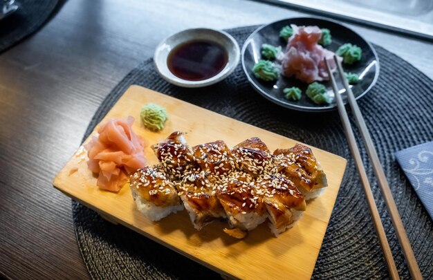 A set of rolls in a Japanese restaurant