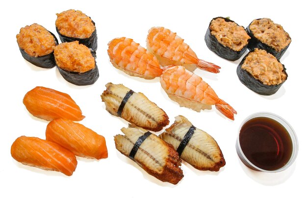 set of rolls and sushi on a white background