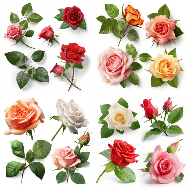 Photo set of rose with leaves on white background