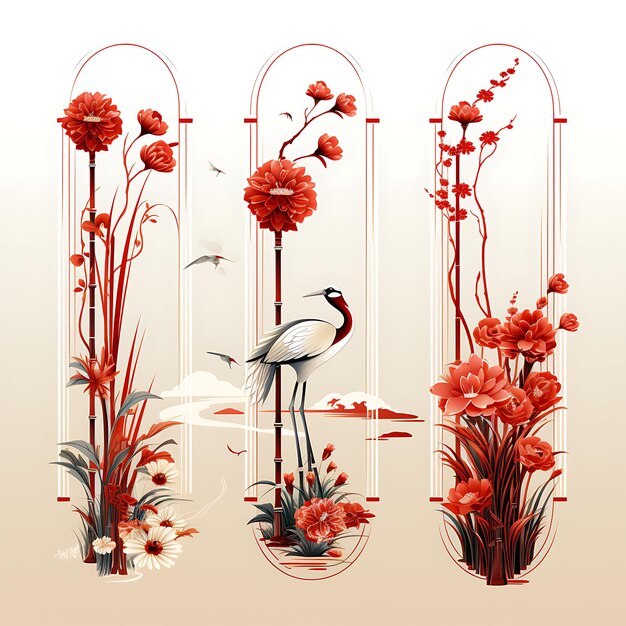 A set of roses bamboo cranes asian new year festivities romantic red 2d flat art illustration