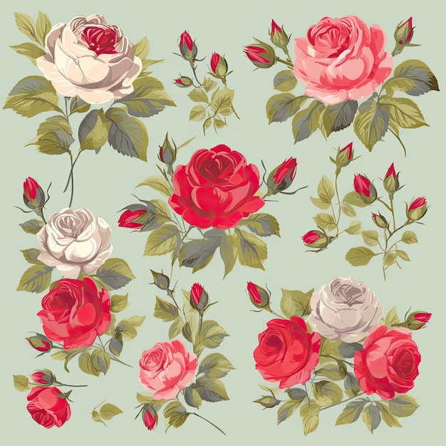 A set of roses isolated on a green background