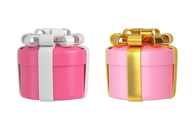 Set roze en gouden geschenkdozen met pastel lint geïsoleerd op een witte achtergrond 3d render
