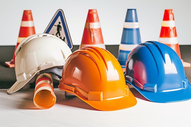 Set of safety helmets or hard hats and traffic cones road sign on white no Text ar 32 iw 2 v 6 Job ID faa3361e84fe44e1befee75c11e2848d