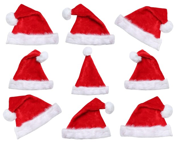 Set of Santa Claus hats on Christmas in winter isolated