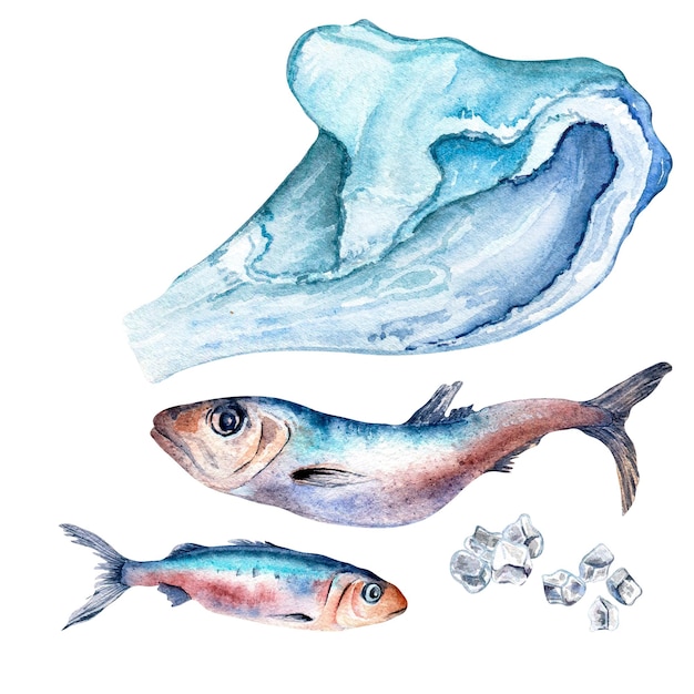Набор сардин и морских волн акварельные иллюстрации на белом фоне
