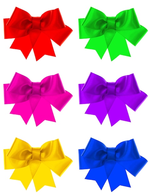 Photo set satin gift bow collection ribbon isolated on white background red green blue yellow pink