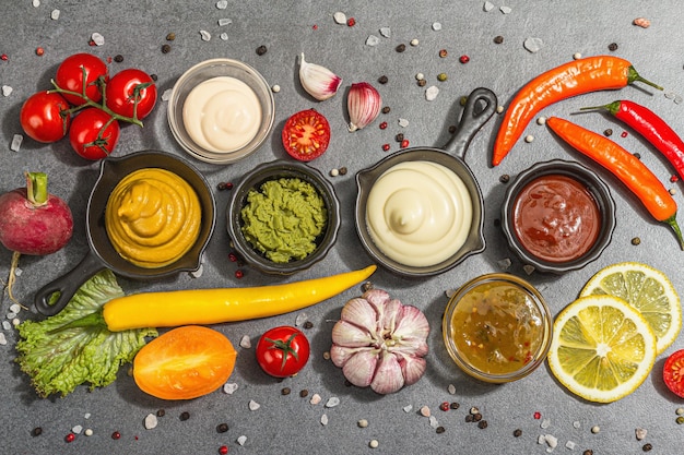 Photo set of sauces and fresh vegetables ketchup mustard mayonnaise wasabi sweet curry and bbq