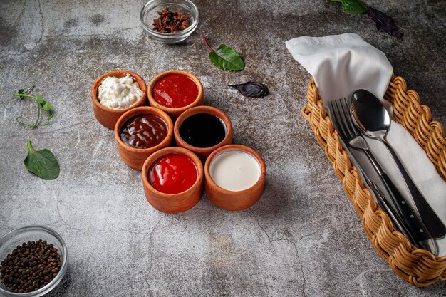 Set of sauces, pesto sauce, tomato sauce, barbecue sauce, mustard, mayonnaise, guacomole sauce against the background of a gray stone table