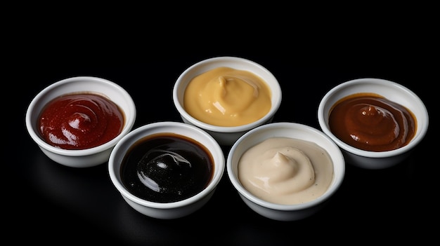 Set of sauces and spices on stone background sauces