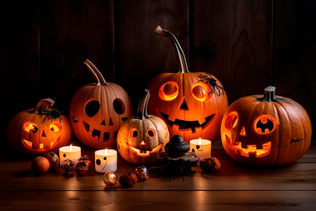 Set of scary pumpkins decorated for Halloween with spiders lighted candles on a wooden background