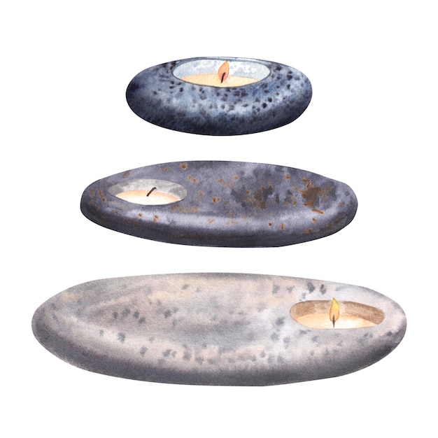 A set of scented candles on a stone from a spa set Watercolor illustration highlighted on a white background