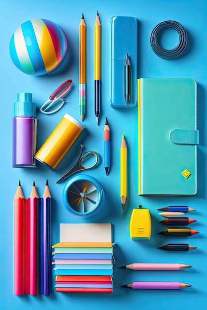 Set of school supplies against bright blue background Back to school